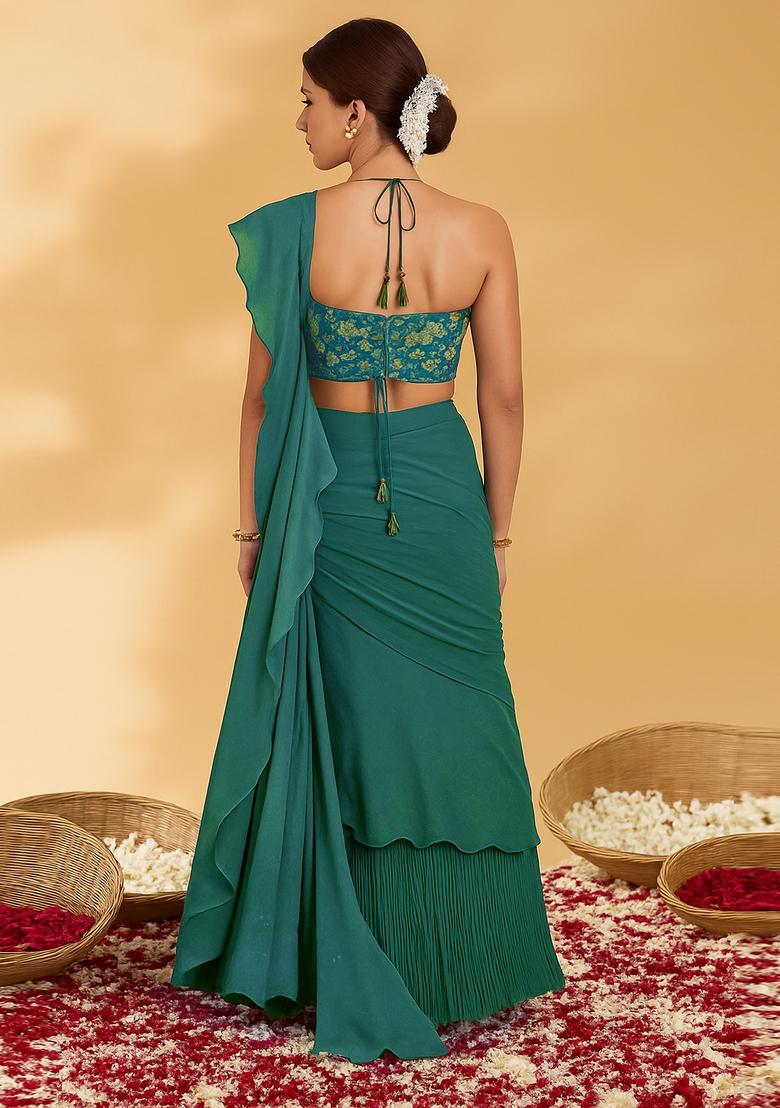 Teal Printed Blouse Georgette Pre Draped Saree Set - Indya
