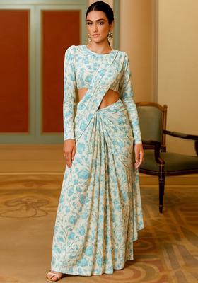 Sky Blue Printed Georgette Pre Draped Saree Set