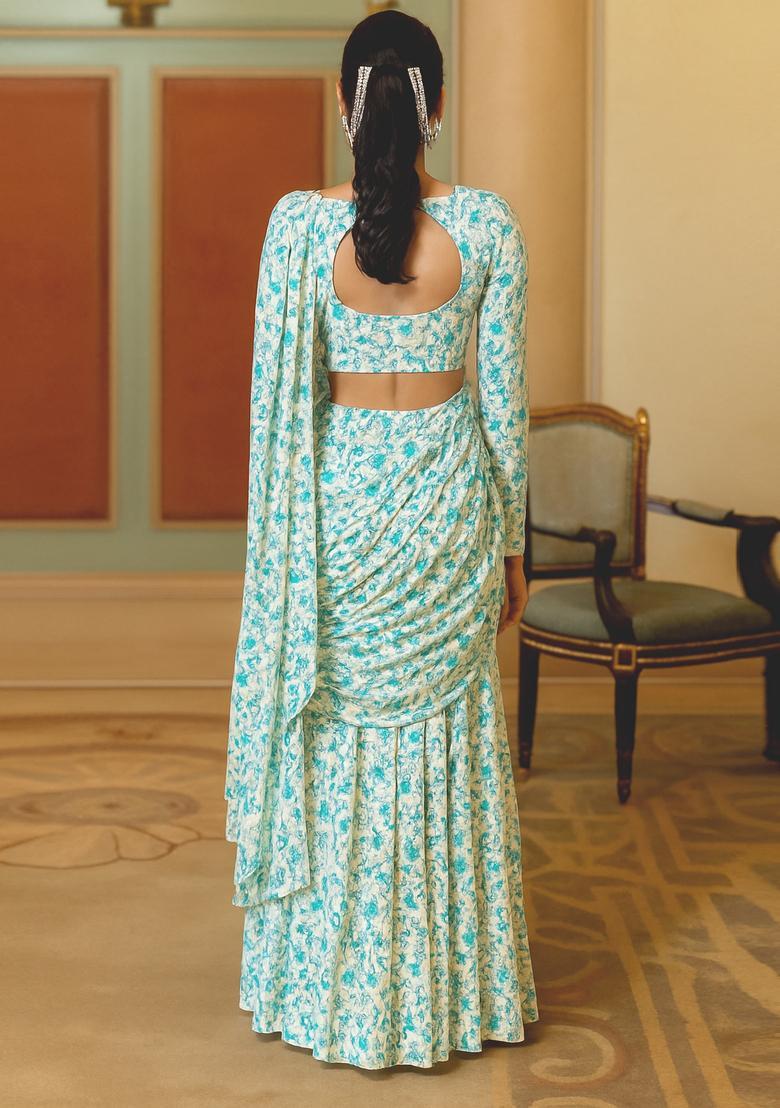 Sky Blue Printed Georgette Pre Draped Saree Set - Indya