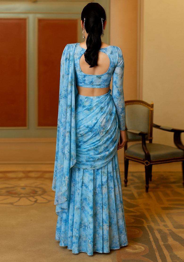 Blue Printed Organza Pre Draped Saree Set - Indya
