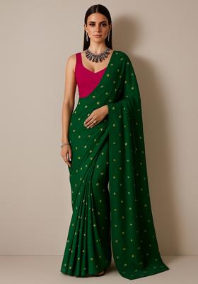 Dark Green Sequin Embroidered Chiffon Pre Draped Saree Set