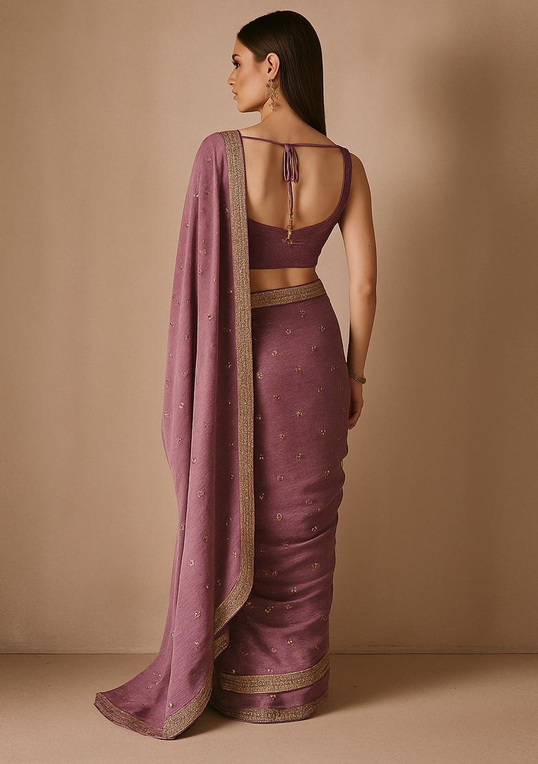 Mauve Sequin Embroidered Chiffon Pre Draped Saree Set - Indya