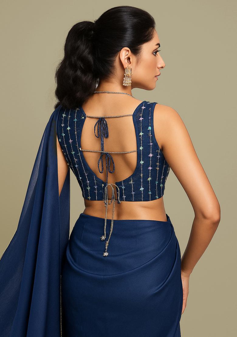 Navy Blue Sequin Embroidered Blouse Organza Pre Draped Saree Set - Indya