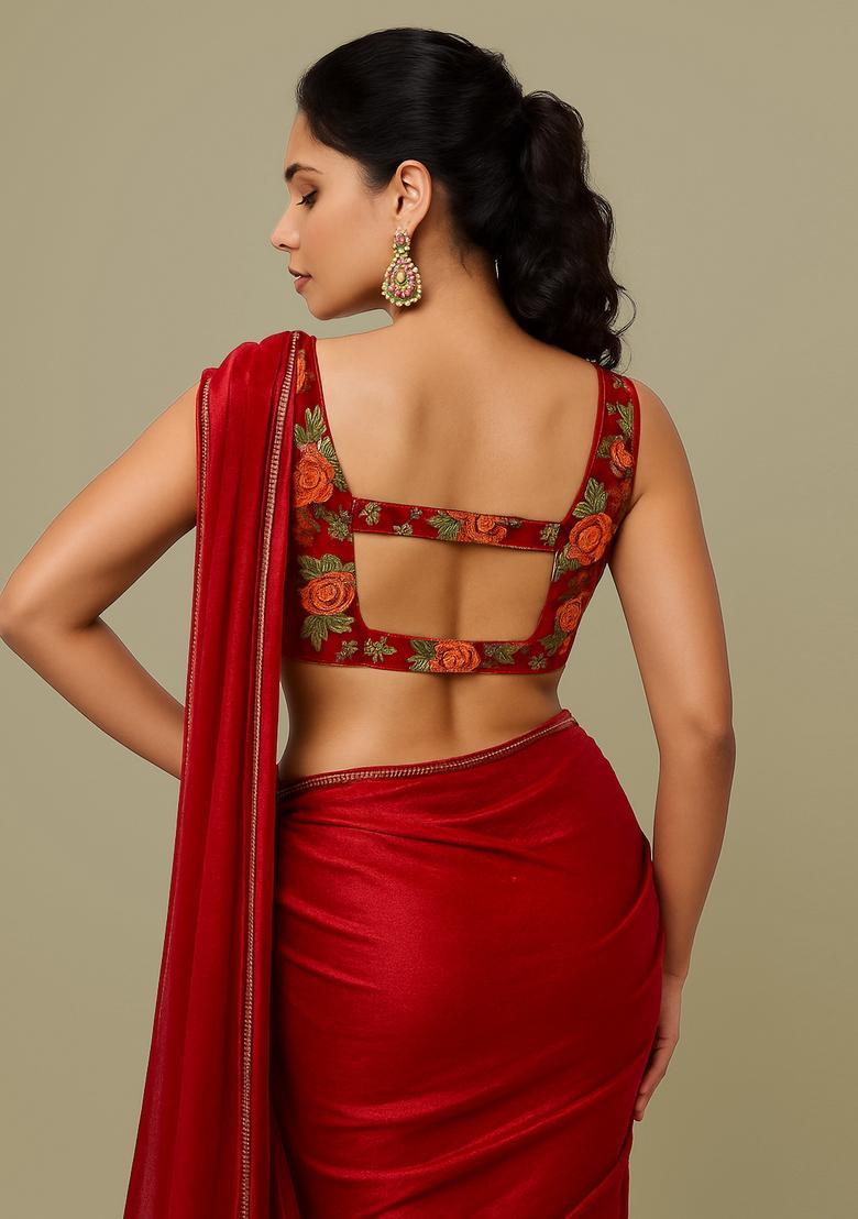 Red Embroidered Blouse Georgette Pre Draped Saree Set - Indya
