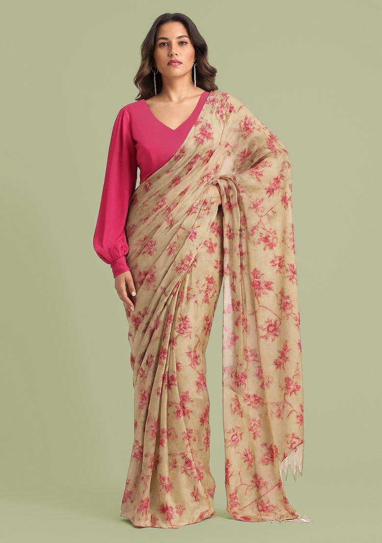 Cream Sequin Embroidered Chiffon Pre Draped Saree Set - Indya