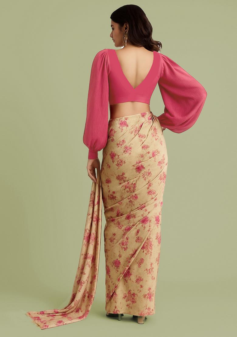 Cream Sequin Embroidered Chiffon Pre Draped Saree Set - Indya