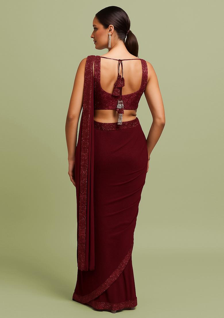 Maroon Sequin Blouse Georgette Pre Draped Saree Set - Indya