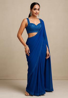 Blue Sequin Blouse Georgette Pre Draped Saree Set