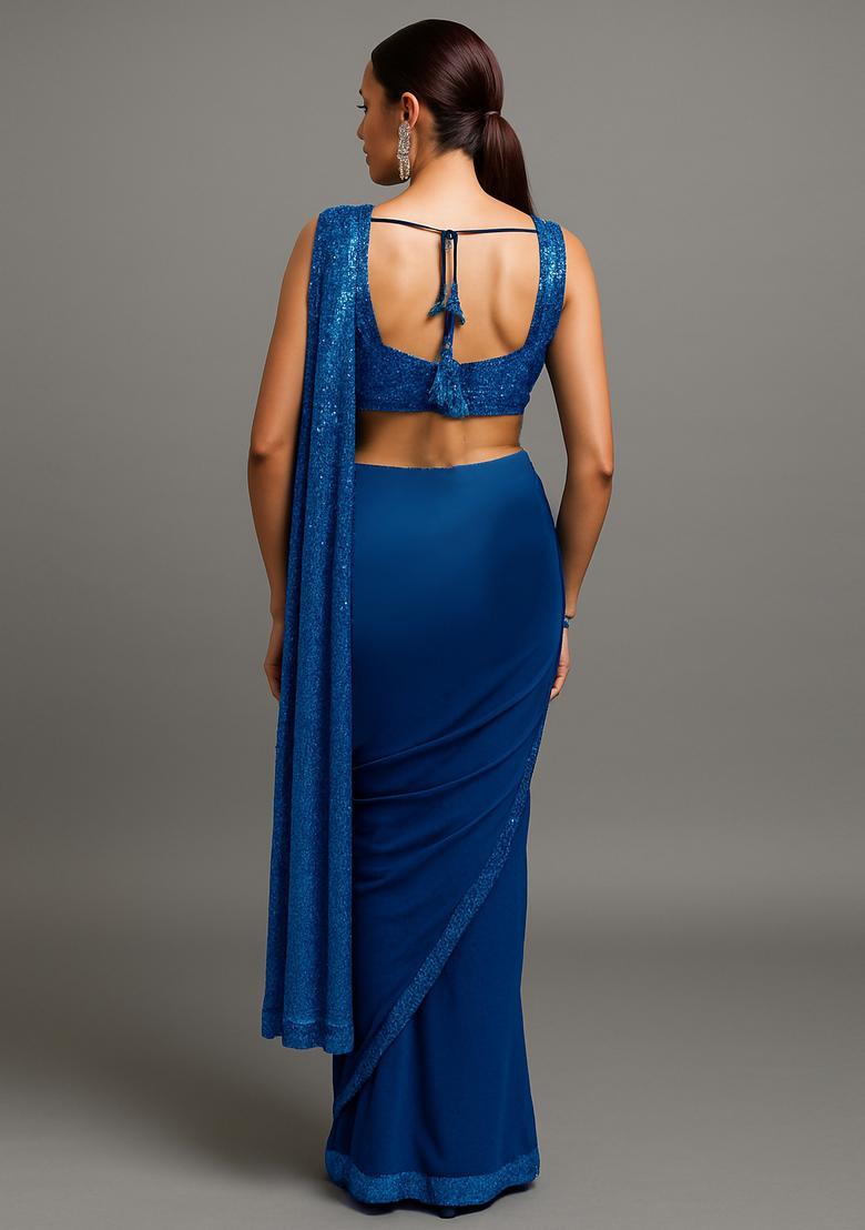 Blue Sequin Blouse Georgette Pre Draped Saree Set - Indya