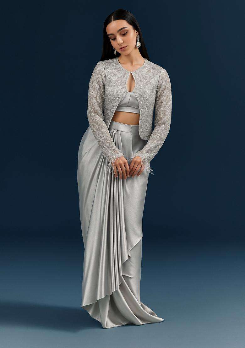 Silver Embellished Satin Fusion Set - Indya