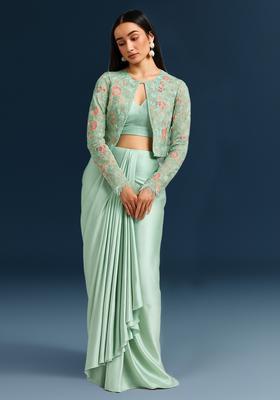 Mint Green Embroidered&nbsp; Satin Fusion Set