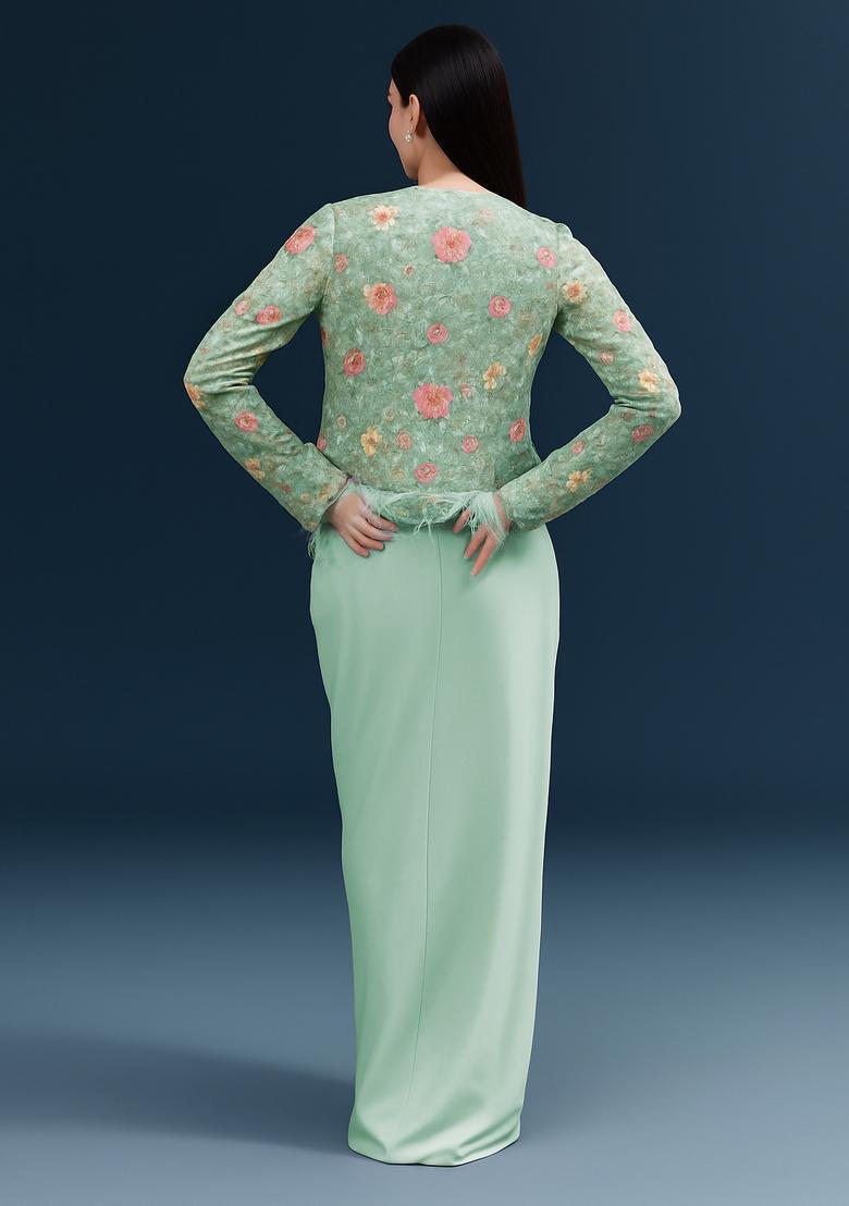 Mint Green Embroidered&nbsp; Satin Fusion Set - Indya