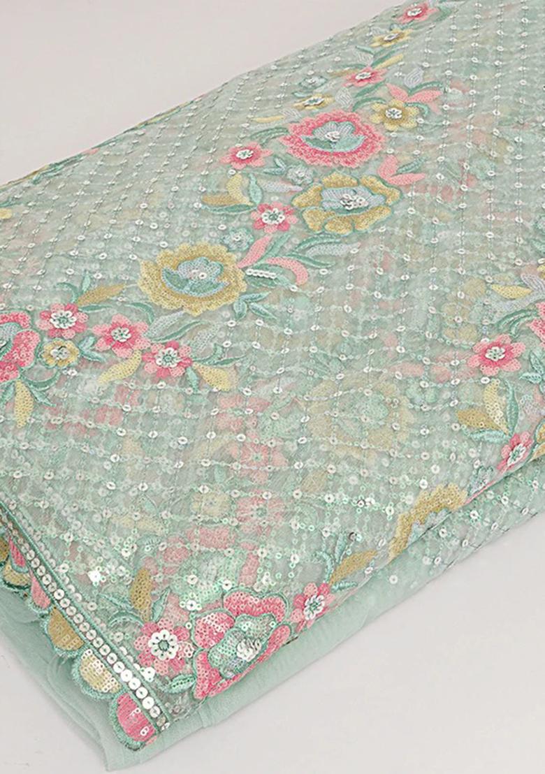 Mint Green Embroidered&nbsp; Satin Fusion Set - Indya