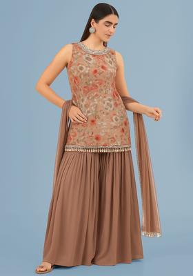 Peach Embroidered Georgette Sharara Set