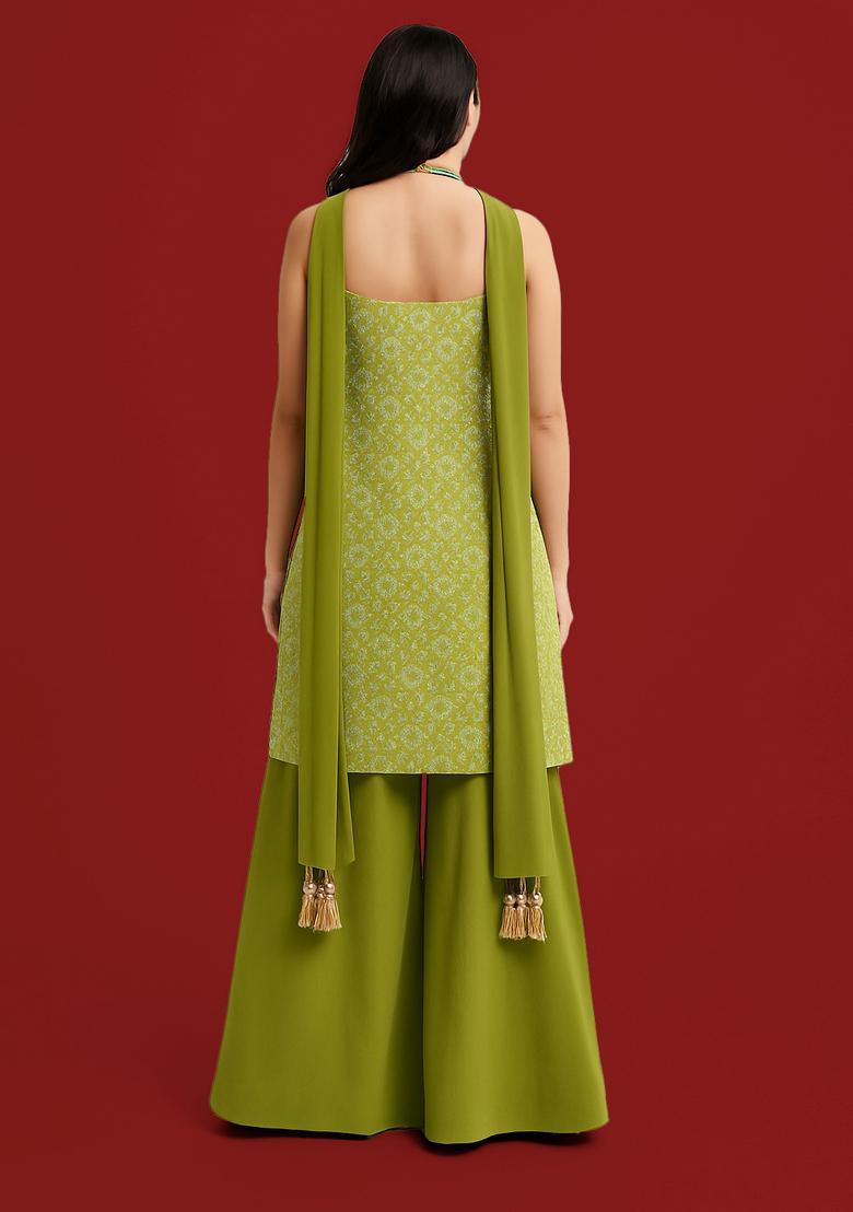 Green Printed Georgette Sharara Set - Indya