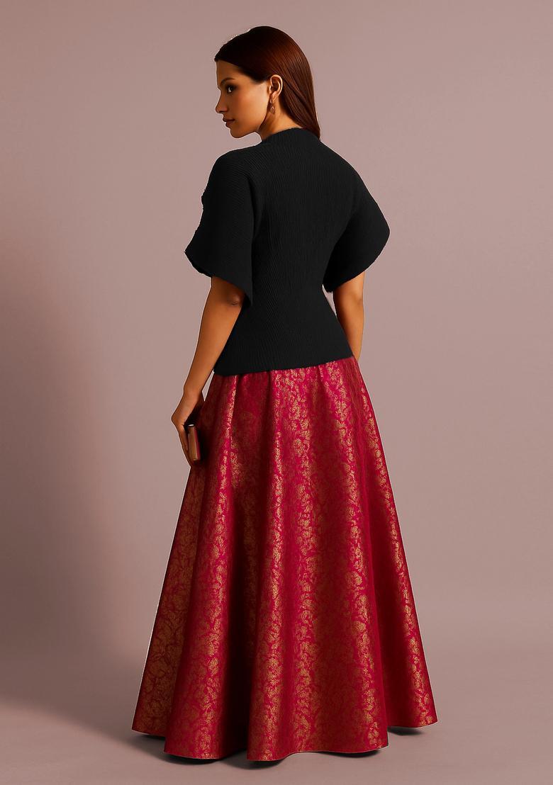 Maroon Brocade Lehenga Set - Indya