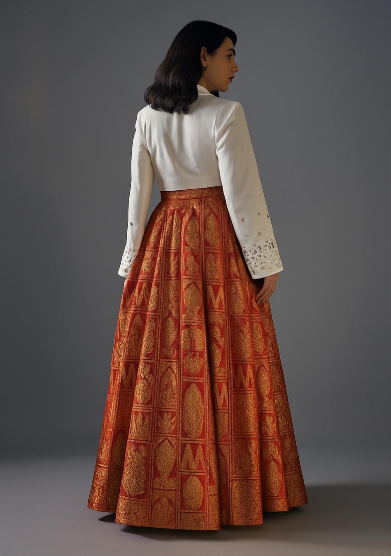 Red Brocade Lehenga Set - Indya