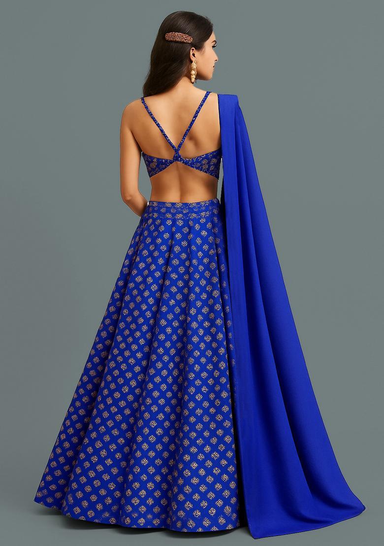 Royal Blue Brocade Lehenga Set - Indya