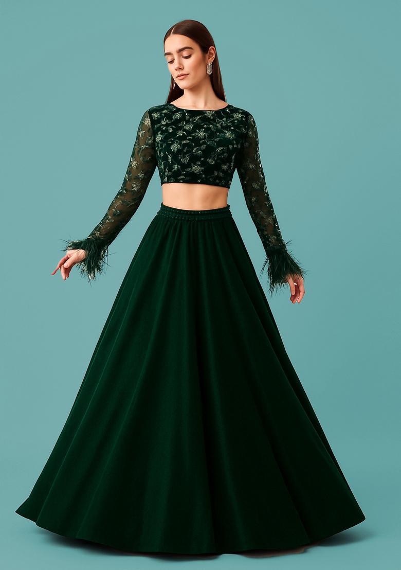 Dark Green Embroidered Blouse&nbsp; Georgette Lehenga Set - Indya