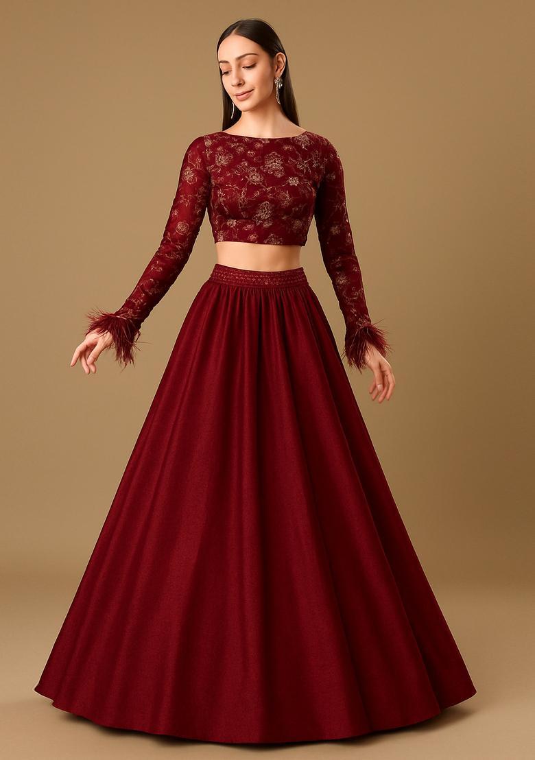 Maroon Embroidered Blouse Georgette Lehenga Set - Indya