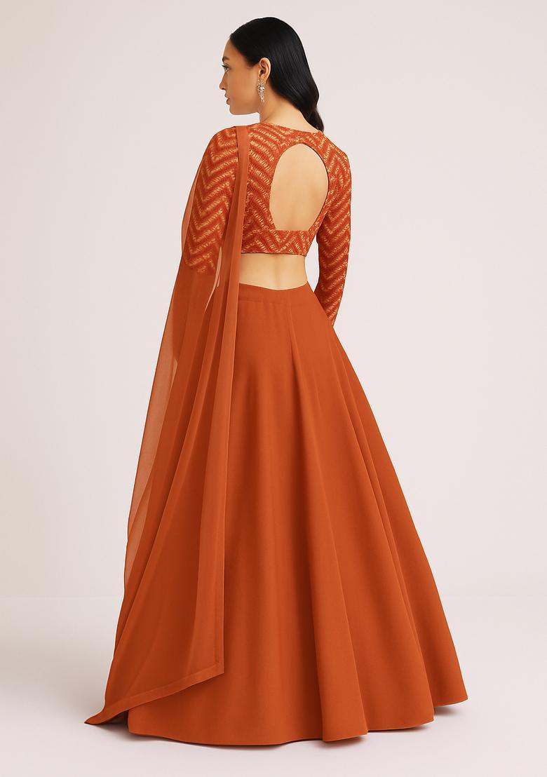 Orange Sequin Blouse Georgette Lehenga Set - Indya