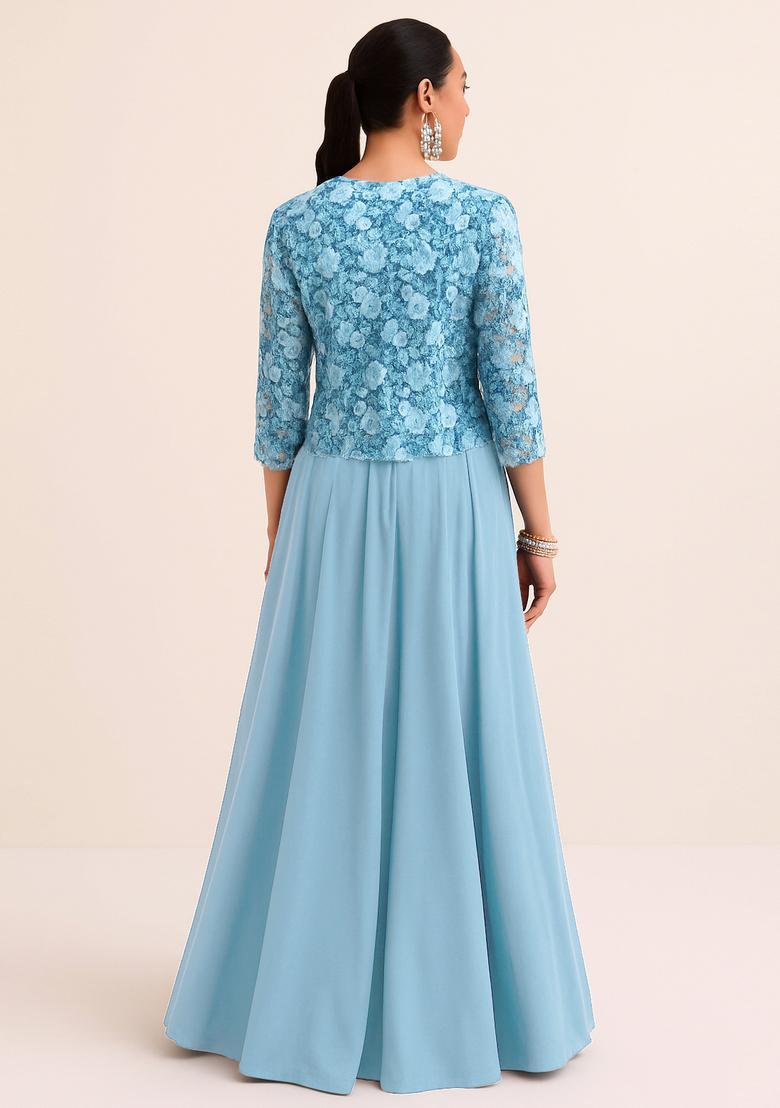 Sky Blue Printed Georgette Lehenga Set - Indya