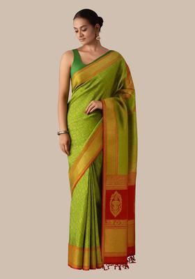 Green Brocade Pre Draped Saree Set
