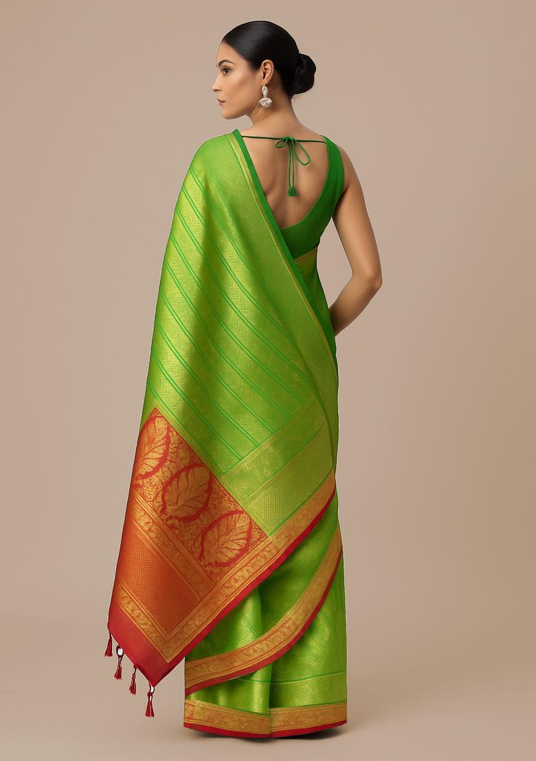 Green Brocade Pre Draped Saree Set - Indya