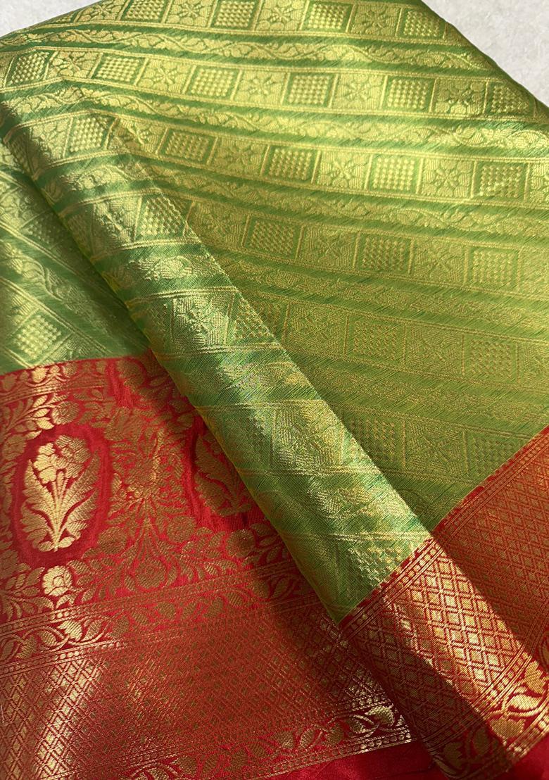 Green Brocade Pre Draped Saree Set - Indya