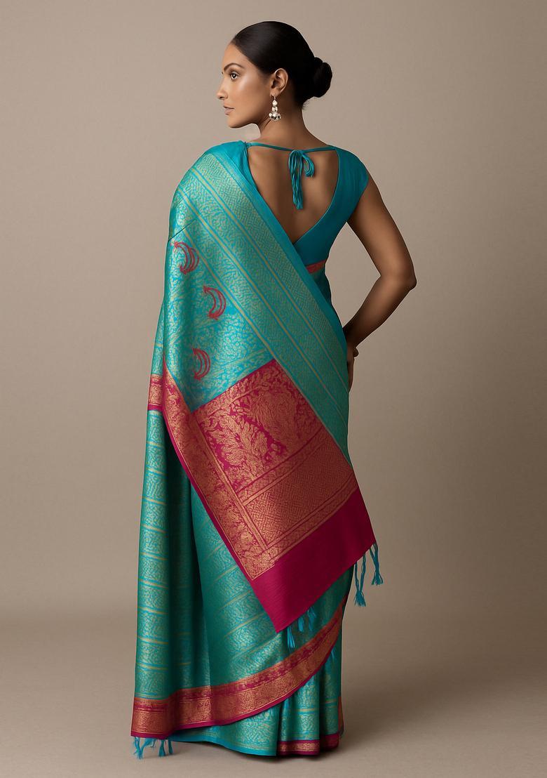 Teal Green Brocade Pre Draped Saree Set - Indya
