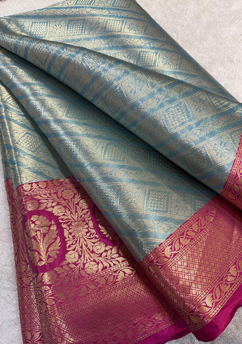 Teal Green Brocade Pre Draped Saree Set - Indya