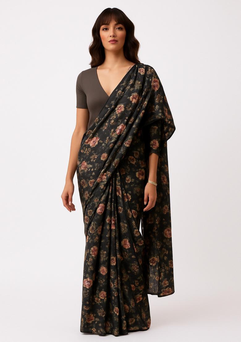 Black Printed Organza Pre Draped Saree Set - Indya