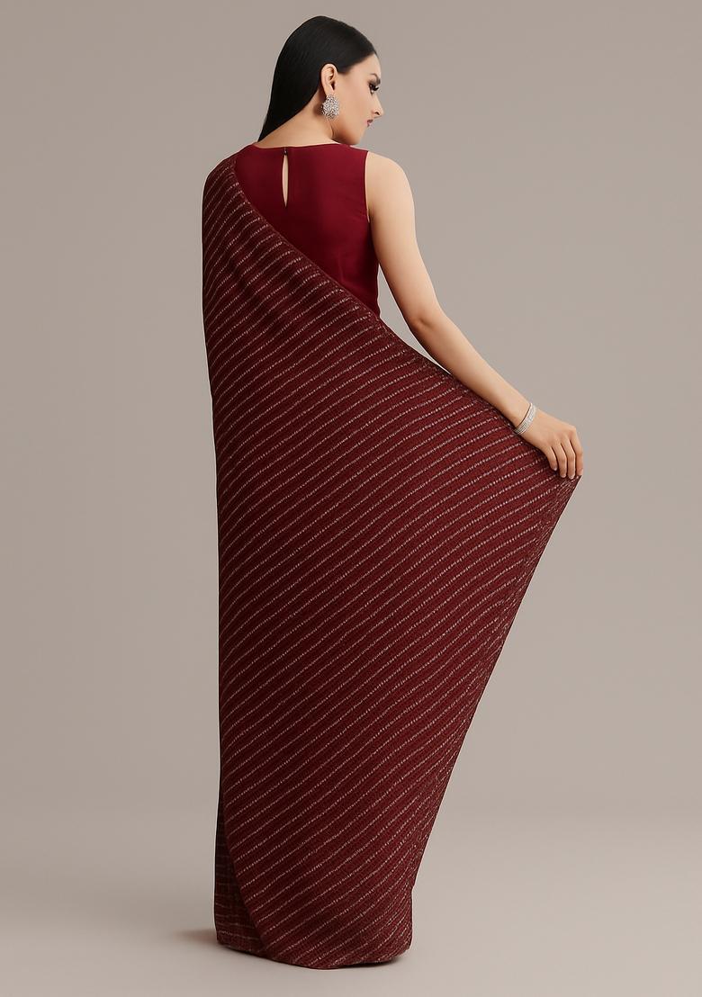 Maroon Sequin Embroidered Georgette Pre Draped Saree Set - Indya