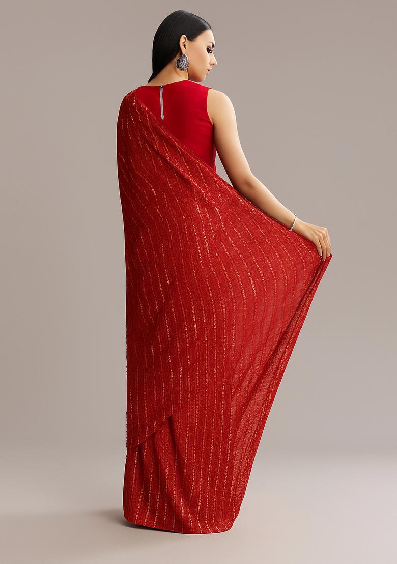 Red Sequin Embroidered Georgette Pre Draped Saree Set - Indya