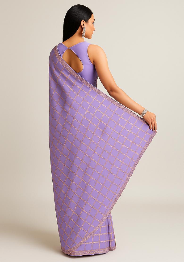 Purple Embroidered Georgette Pre Draped Saree Set - Indya