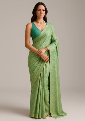 Mint Green Brocade Pre Draped Saree Set