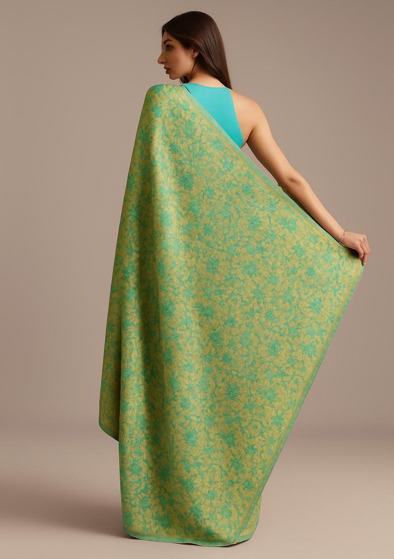 Mint Green Brocade Pre Draped Saree Set - Indya