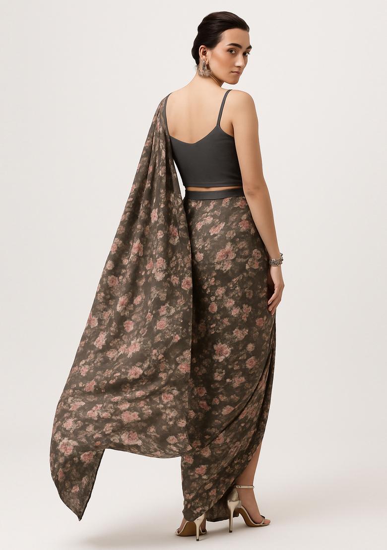 Grey Sequin Embroidered Organza Pre Draped Saree Set - Indya