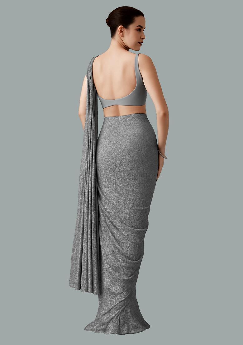 Grey Sequin Georgette Pre Draped Saree Set - Indya