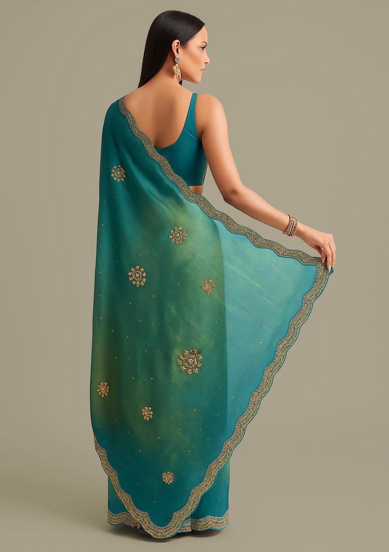 Green Zari Sequin Crepe Pre Draped Saree Set - Indya