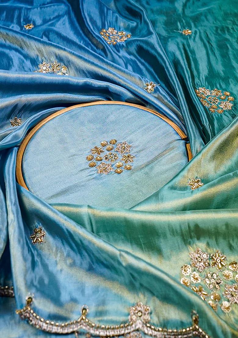 Green Zari Sequin Crepe Pre Draped Saree Set - Indya