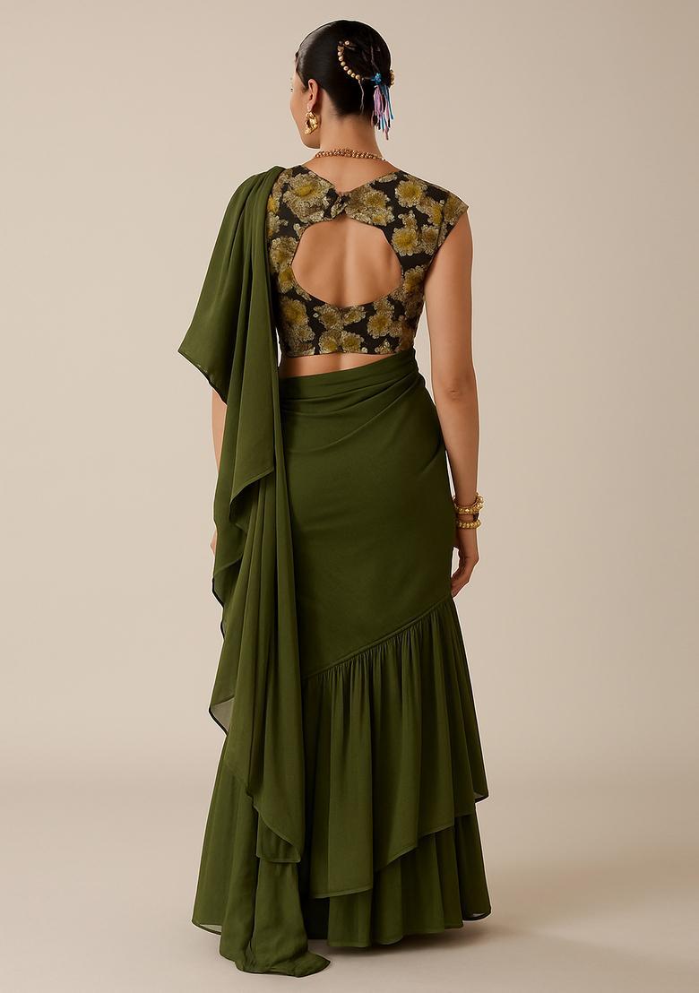 Green Solid Chiffon Pre Draped Saree Set - Indya