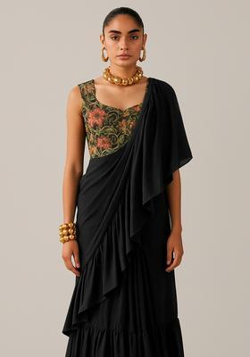 Black Solid Chiffon Pre Draped Saree Set