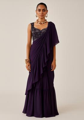 Purple Solid Chiffon Pre Draped Saree Set