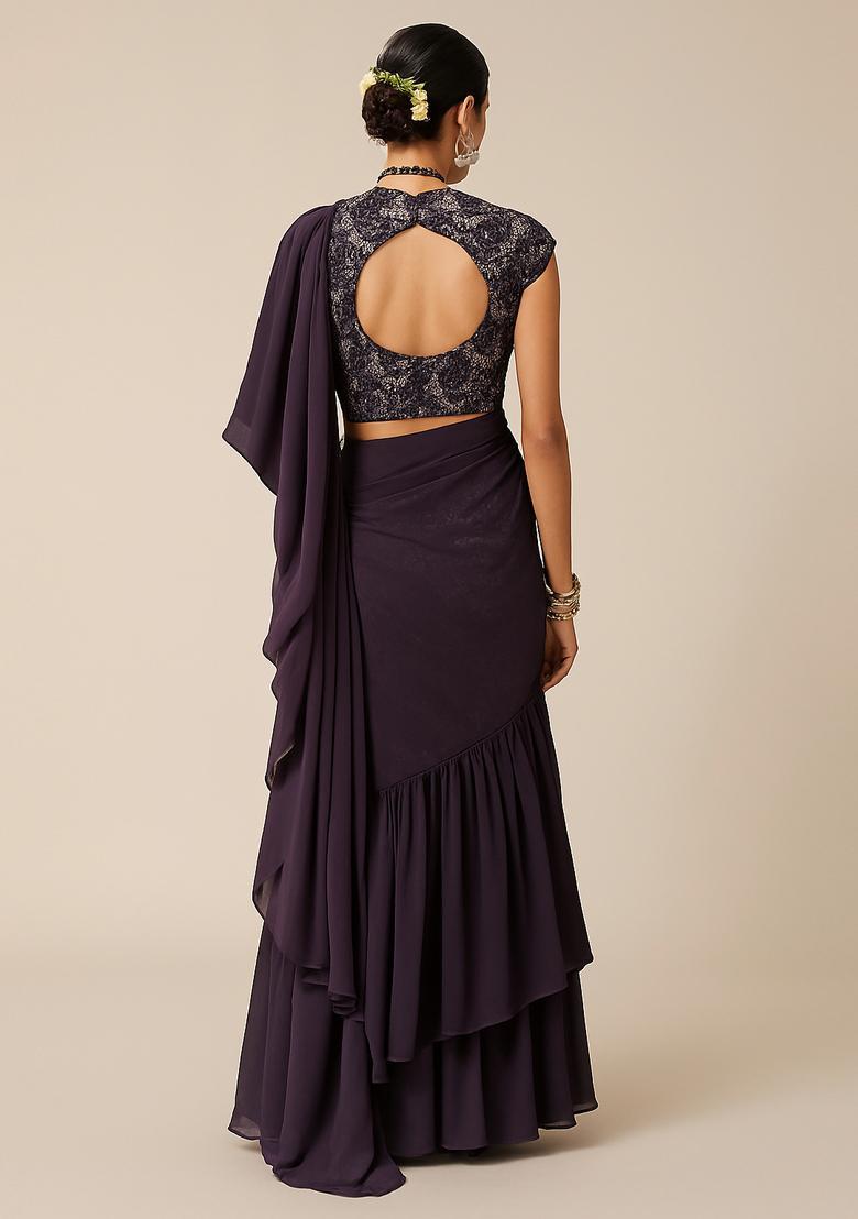 Purple Solid Chiffon Pre Draped Saree Set - Indya