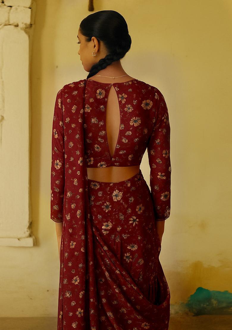 Red Printed Chiffon Fusion Set - Indya