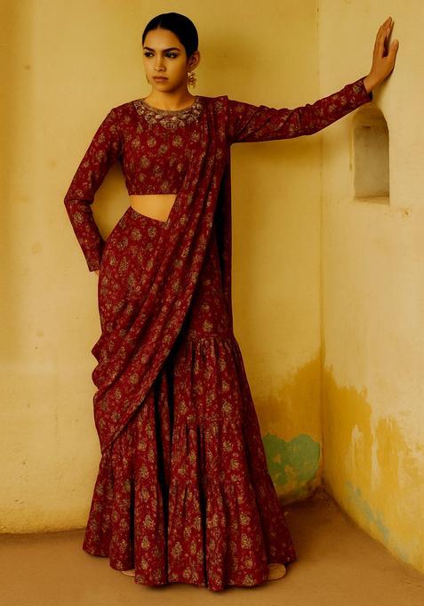 Red Printed Chiffon Fusion Set