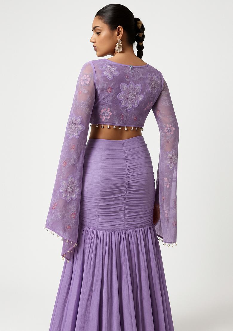 Light Purple Embroidered Blouse Tissue Fusion Set - Indya