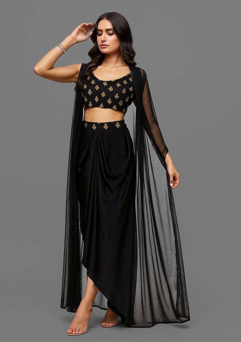 Black Embellished Blouse Georgette Fusion Set - Indya