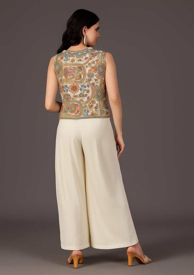 White Embroidered Jacket Georgette Fusion Set - Indya